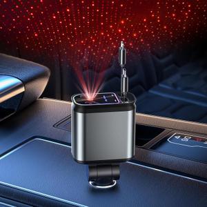 Starlight Retractable Car Charger with Retractable Cables, Starlight in Car Roof 4 in 1 Super Fast Car Phone Charger, 2 USB Ports Starry Sky Adapter, Compatible with iPhone 15 14 13 (Deep Silver)