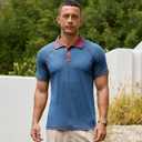 Lexiart Men's Casual Polo Shirt Short Sleeve Raglan Classic Button Golf Collared Tops Contrast Color (Blue, M)