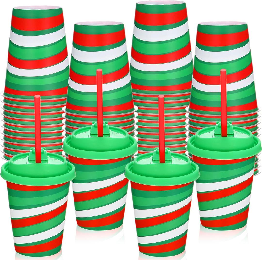 50 Set Christmas Plastic Cups with Lids and Straws 12oz Red & Green Xmas Party Holiday Cups for Cold Beverages Juice Coffee Drinks Supplies