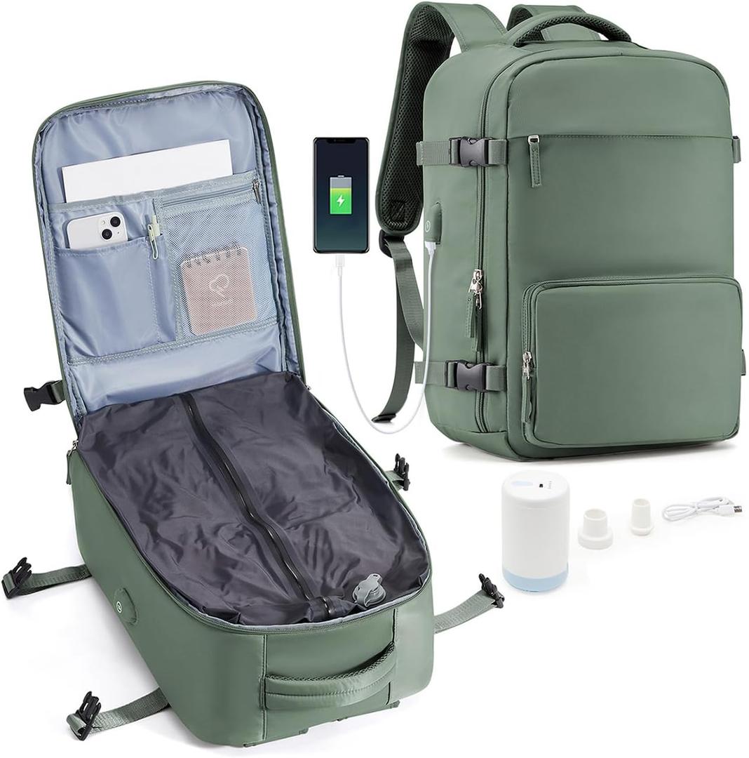 Vacuum Travel Backpack with Pump Vacuum Compression Seal Vacpack Airback Laptop Backpack for Women Men Carry on Backpack Personal Item Travel Bag Luggage Flight Approved Business Back Pack Dark Green