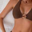 Fanuerg Women's Halter V Neck Bikini Sets Ring Linked Two Piece Swimsuit Cheeky Swim Bathing Suit 2025 (Brown, L)