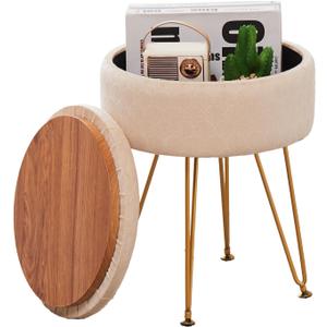 Wimarsbon Ottoman Footstools Round Velvet Footrest Stool with Storage Space Soft Vanity Chair with Memory Foam Seat Small Side Table Step Stool 4 Gold Metal Legs with Adjustable Footings Beige