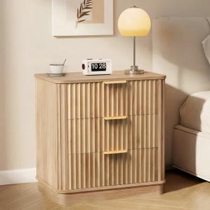 LYNCOHOME 23 inch Wide Fluted Nightstand with 3 Drawers, Modern Curved Bedside Table,Wood Night Stand with Storage,End Table for Bedroom & Living Room,Dresser for Bedroom Living Room,Natural,Oak