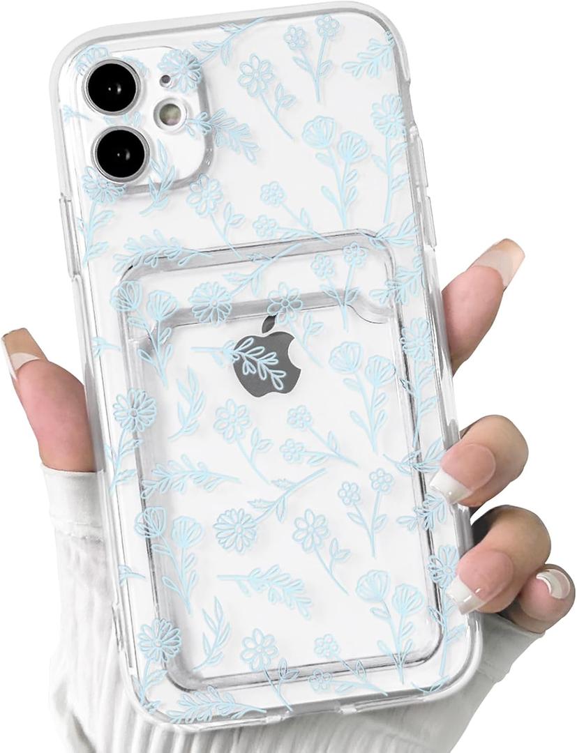 NITITOP Compatible with iPhone 12 Mini Case Clear with Card Holder Cute Flower Floral Leave Pattern for Women Girl Soft TPU Shock-Absorbing Wallet Case Protective Phone Cover - Light Blue