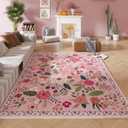 Living Room Rug 5x7 Rug Machine Washable Boho Area Rug Non Slip Floral Vintage Low Pile Large Rugs for Living Room, Bedroom, Farmhouse, Dining Room, Kids Playroom(Pink)