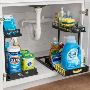ClearSpace Under Sink Organizer, Pull Out Cabinet Organizer, 2 Pack - 2 Tier Slide Out Organizers and Storage Shelf - Metal Sliding Drawer for Kitchen Bathroom Pantry Cabinet Organization Rack, Black