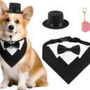 FunMular 3Pcs Formal Dog Tuxedo Accessories Set Adjustable Wedding Collar Bandana with Bow Tie Pet Top Hat for Large X-Large Dogs New Years Wedding Birthday Party
