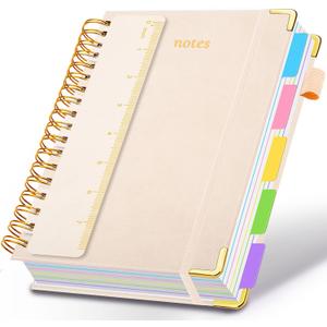 Hardcover Spiral Notebook 5.7"x 8.2" Journal Notebook with Tabs and Removable Dividers 300 Pages 5 Subject Notebook College Ruled, Faux Leather Spiral Bound Notebook for Women School Work(White), 6.2"x8.2"