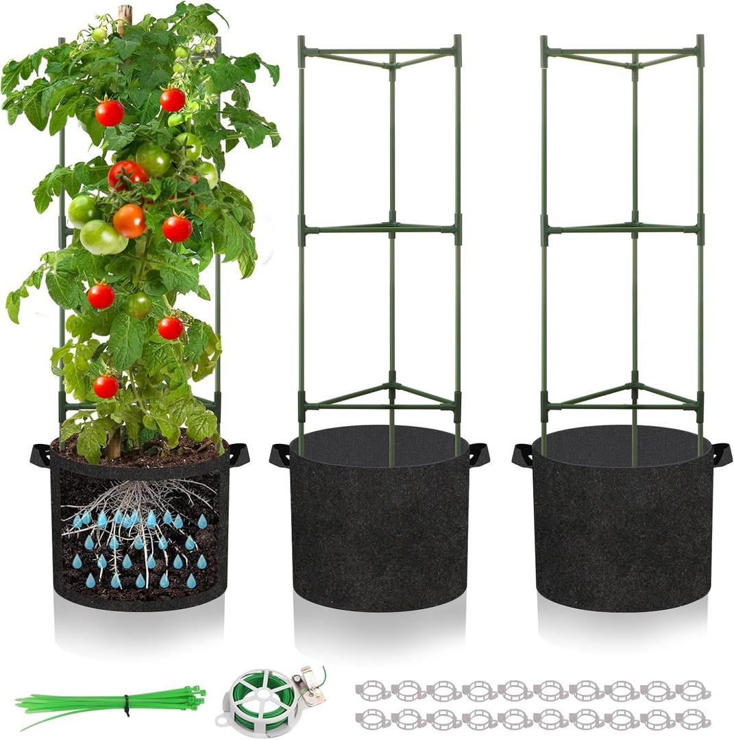 3 Pack Tomato Cage with 10 Gallon Grow Bags, 48" Height Adjustable Tomato Trellis with 65Ft Twist Tie, Heavy Duty Tomato Cages for Garden Flowers Vegetables Climbing Plants