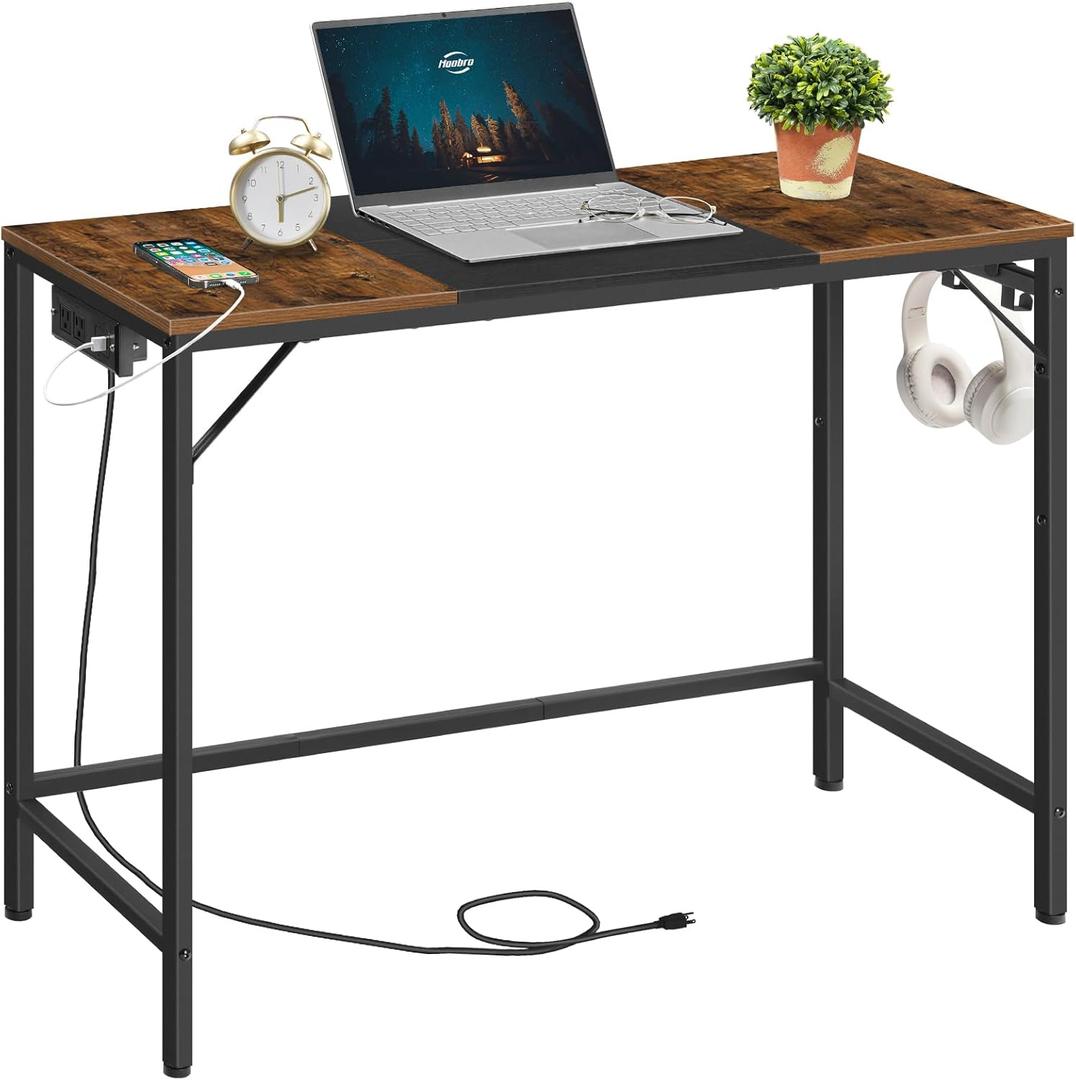 HOOBRO Computer Desk, Home Office Desk with Power Outlet, Modern Study Writing Desk with 3 Hooks for Study Room, Home Office, Sturdy and Stable, Easy to Assemble, Rustic Brown and Black BF41UDN01, 39.3"W x 15.7"D x 30.3"H