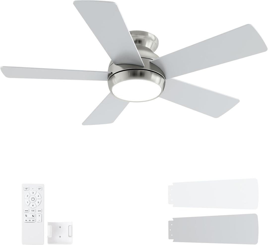 POCHFAN 42 Inch Brushed Nickel Ceiling Fans with Lights and Remote, LED Low Profile Flush Mount Ceiling Fan for Bedroom, Living Room, Patio, Quiet DC Motor, 5 Blades