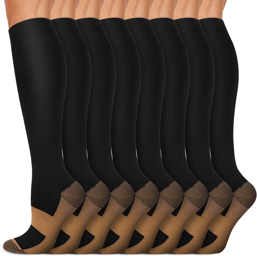 Copper Compression Socks 15-20 mmHg for Men & Women 8 Pairs Circulation Support for Nurses, Travel, Running, Hiking, Soccer, Large-X-Large (Black, XL)