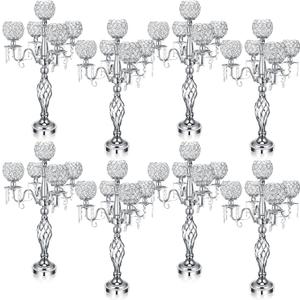 Nitial 5 Arm Crystal Candelabra Centerpieces for Tables 27 Inch Tall Crystal Candle Holders Bowl Candelabra Table Centerpieces Decor for Wedding Christmas Dinner Party Events (Silver,8 Pcs)