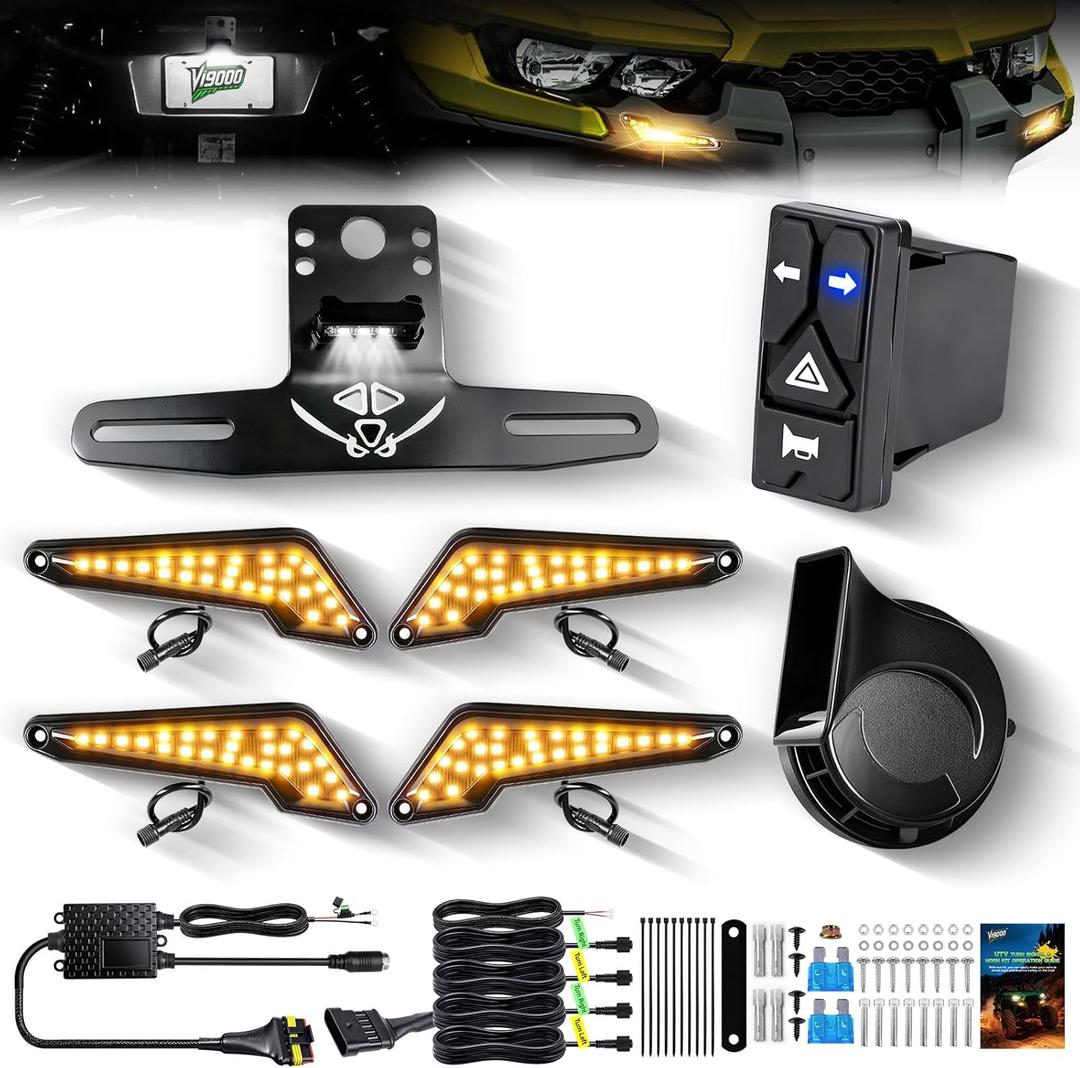 UTV Turn Signal Kit with 110D Horn, License Plate Holder w/Light, Universal UTV/ATV Blinker kit with Integrated Rocker Switch, Pre-Wired, Plug & Play Compatible with Polaris, Can-Am, CFMOTO