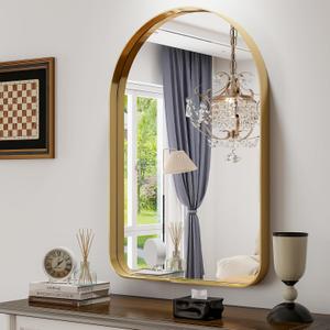 GLSLAND 24x36 Gold Arched Bathroom Mirror - Aluminum Alloy Framed Mirrors for Wall- Arch Wall Mirror, Brush Gold Bathroom Mirror for Bedroom (36"L x 24"W, Round Edge-gold)