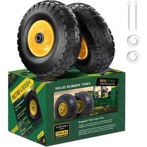 (2 Pack) 4.10/3.50-4 Flat Free Tire and Wheel 10-Inch Solid Wheel Replacement with 5/8 Bearings,2.2" Offset Hub -Compatible with Hand Truck,Wheelbarrow(Yellow)