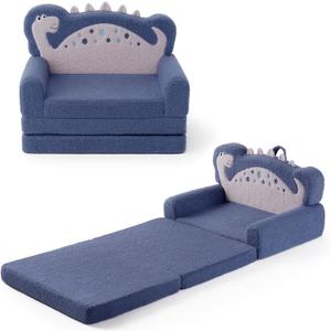 Blissful Diary Kids Couch, 2-in-1 Soft Toddler Couch Fold Out, Toddler Chair Comfy, Convertible Sofa to Lounger, Kids Furniture for Playroom, Gift for Birthday, Children's Day, Blue Dinosaur