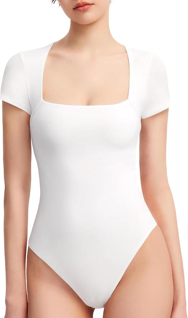 PUMIEY Women's Square Neck Short Sleeve Bodysuit T Shirts Tops For Women Trendy Smoke Cloud Pro Collection (Large)