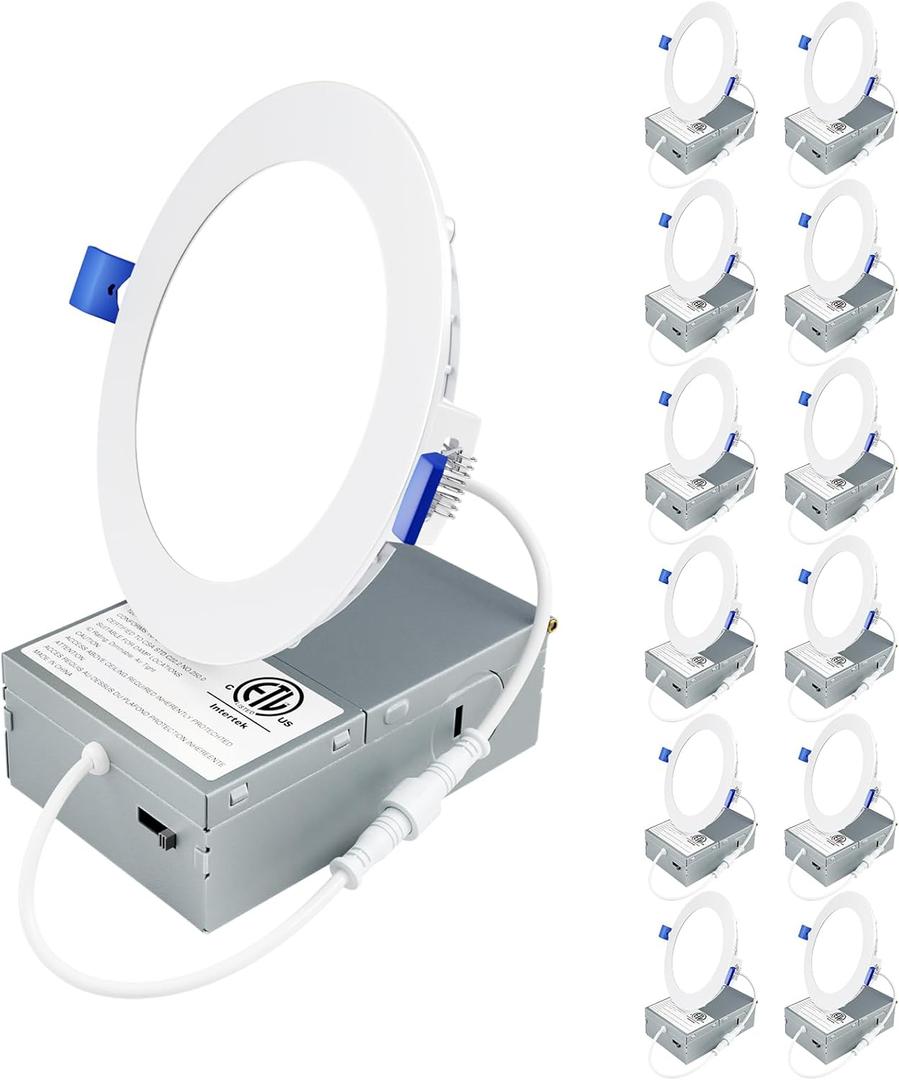 Ensenior 12 Pack 4 Inch LED Recessed Ceiling Light, Dimmable, 3000K Warm White, 750LM 9W 120V, High Brightness Canless Wafer Downlight - ETL&FCC&IC