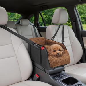 BurgeonNest Center Console Small Dog Car Seat - Portable Pet Cat Puppy Booster Armrest Carseat Up to 11lbs, Anti-Collapse Comfort Car Travel with Washable Fluffy Cushion and Pillow, Brown