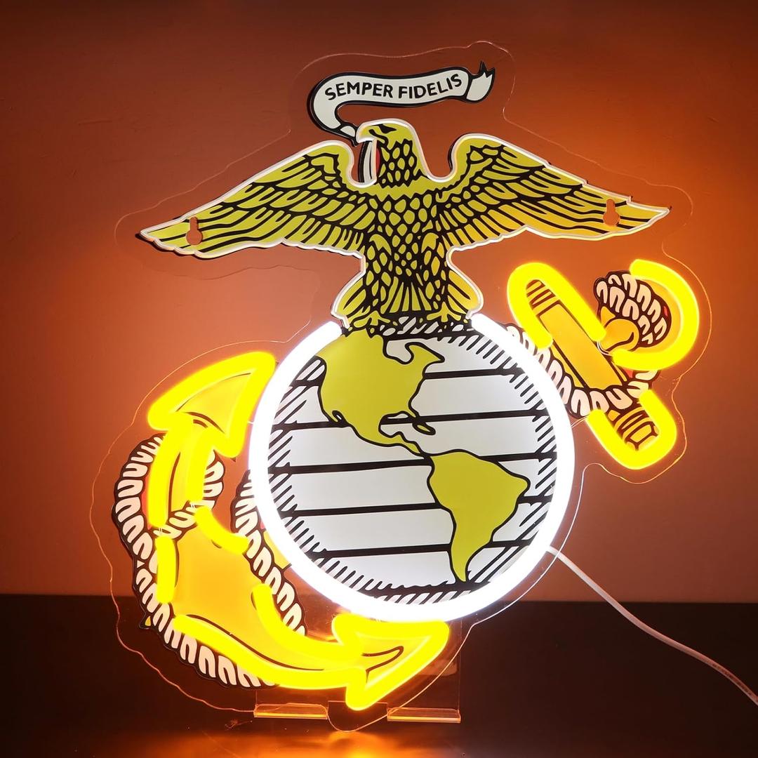 Military-themed Neon Lights Veteran Neon Signs Wall Decor for Man Cave Bedroom Bar Army Themed Gift Art for Christmas Party-13.6612.6 IN-USB Powered-Acrylic (Yellow:Marine)