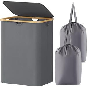 Lifewit Foldable Laundry Basket with Lid, Bamboo Handles and 2 Removable Bags, Large for Bedroom, Bathroom, Dorm, Grey (150L)