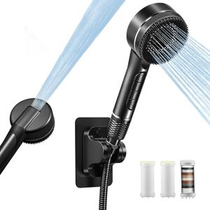 CHOUPIJIANG Filtered Shower Head, 4 Spray Modes ShowerHead with Handheld,High Pressure Filter Shower Head with Hose,3.5 inch Round Water Softener Filters Beads for Hard Water,Black