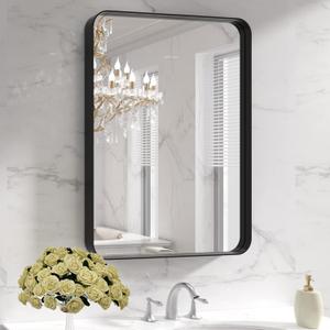 LOAAO Black Metal Framed Bathroom Mirror for Wall, 22X30 Inch Rounded Rectangle Mirror, Matte Black Bathroom Vanity Mirror Farmhouse, Anti-Rust, Hangs Horizontally or Vertically