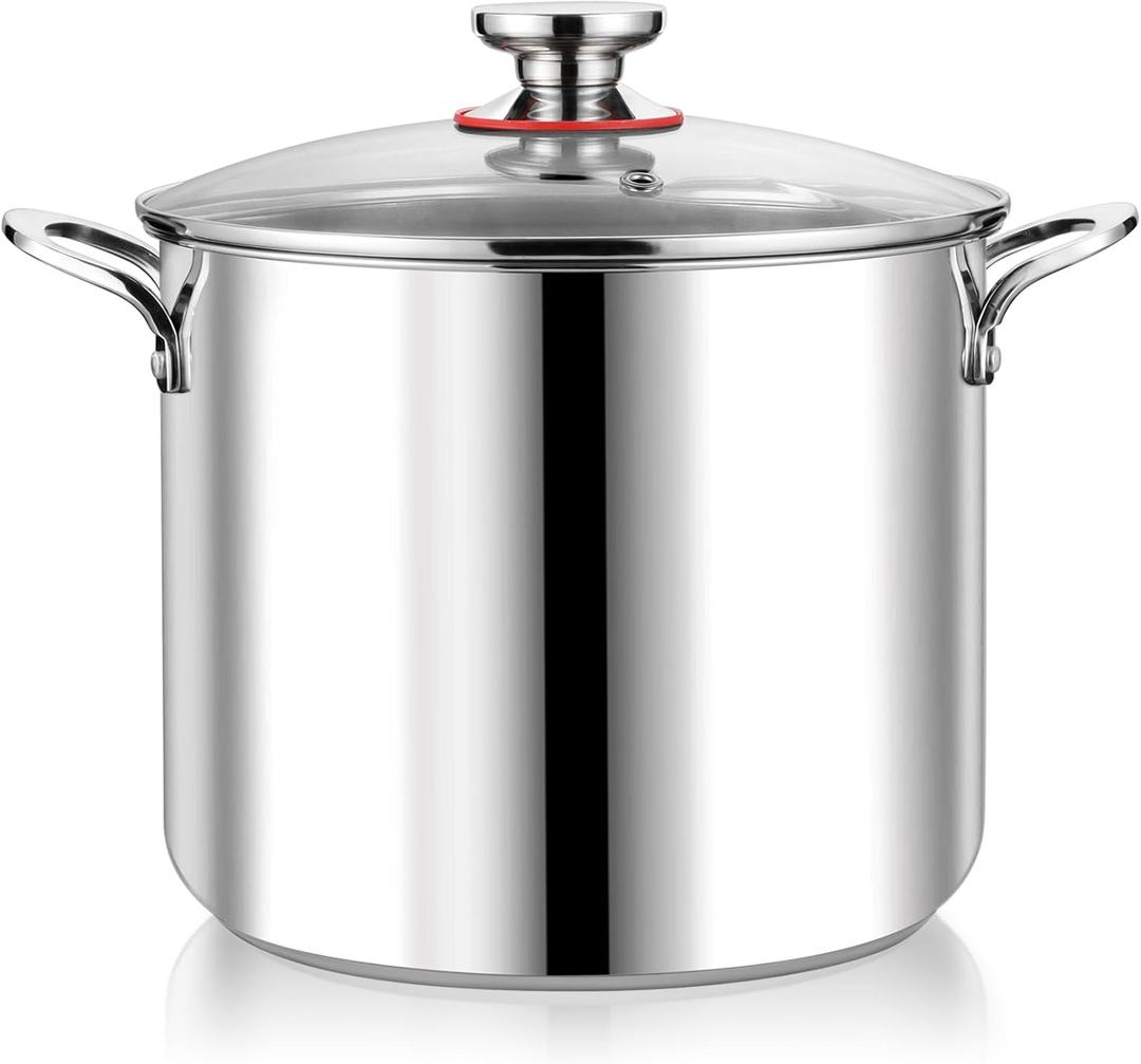 P&P CHEF 12 Quart Stainless Steel Stockpot with Glass Lid, Extra Large Stock Cooking Pot Cookware for Induction Gas Electric Stoves, Visible Lid & Measuring Markings, Heavy Duty & Dishwasher Safe