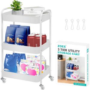 ZOES HOMEWARE 3 Tier Rolling Cart, Metal Utility Cart with 4 Hooks, Rolling Storage Cart on Wheels, Small Organizer Cart for Nursery, Kitchen, Living Room, Bathroom, White