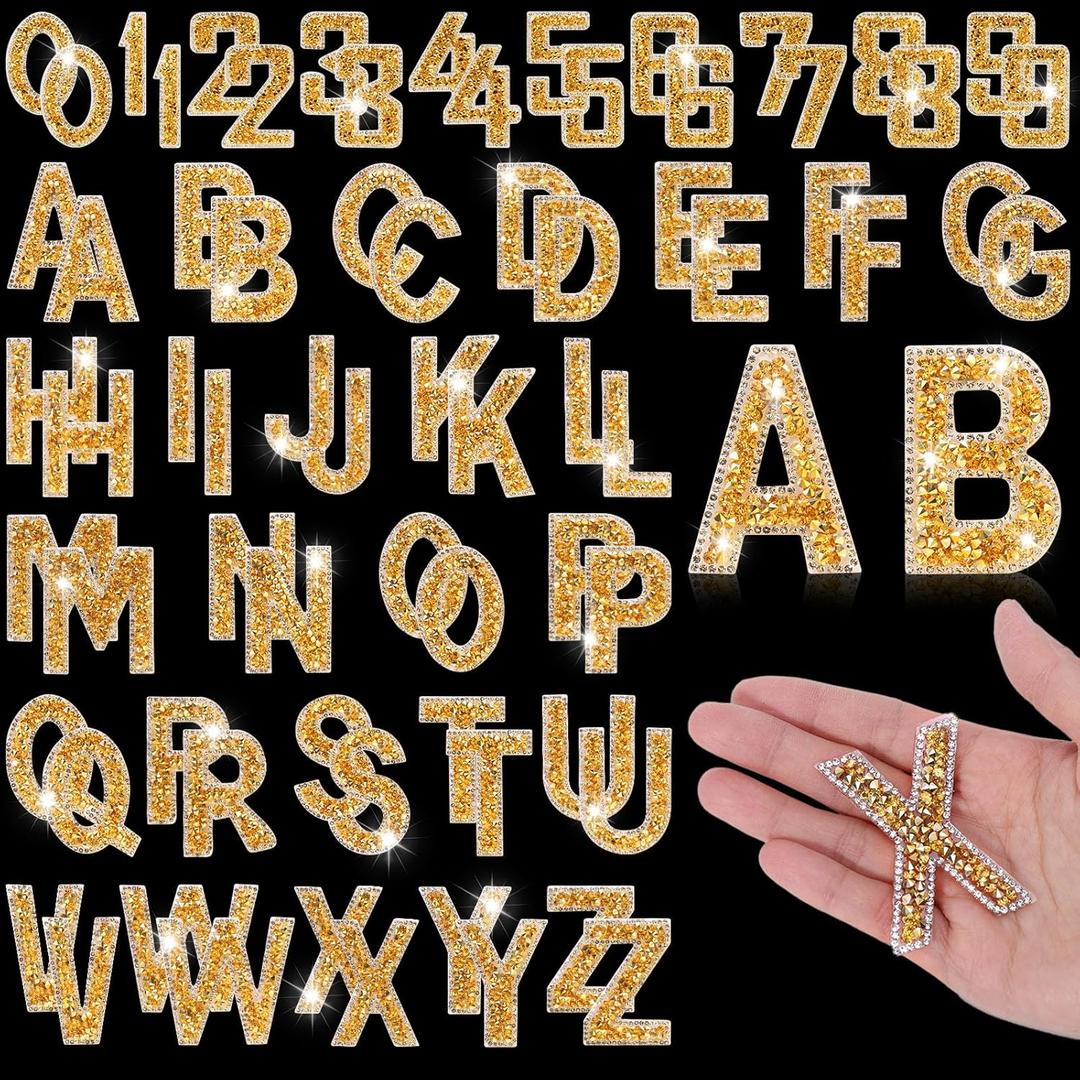 72 Pcs Rhinestone Letter Stickers - Crystal Alphabet A-Z & Number 0-9 Self-Adhesive Letter Patches Bling Glitter Stickers for Clothing Craft Decor (Gold)
