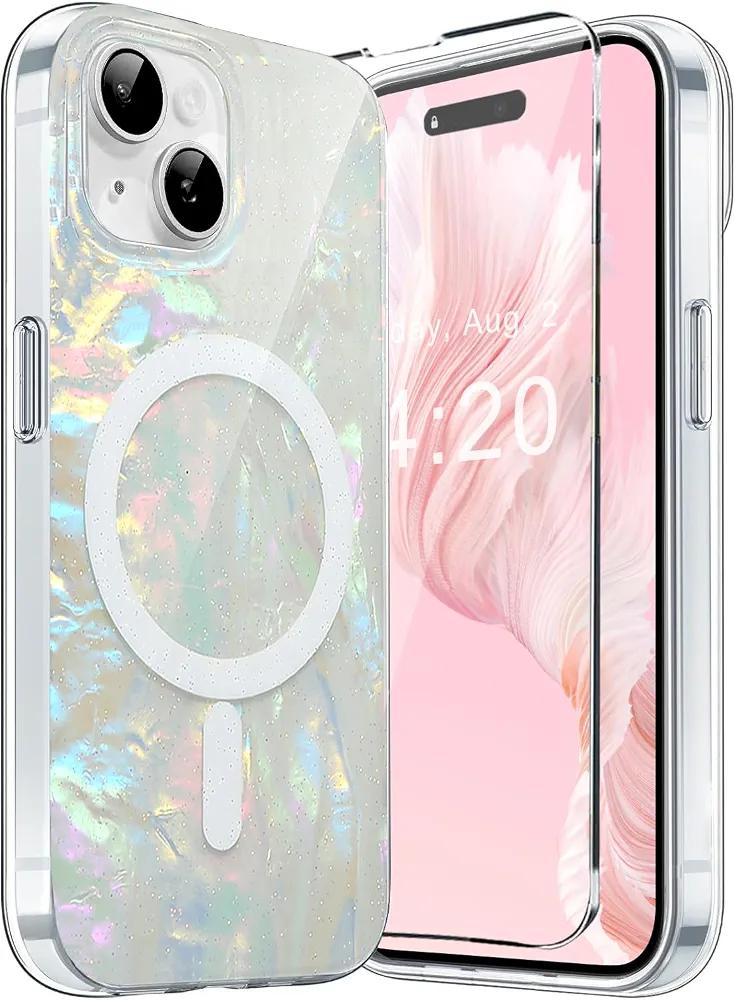 Compatible with iPhone 15 MagSafe Case for Women Girls, Opal Pearly Glitter Luxury Iridescrent Magnetic Case [1 Screen Protector] [10ft Drop Protection] for iPhone 15 6.1"(Colorful Cloud)