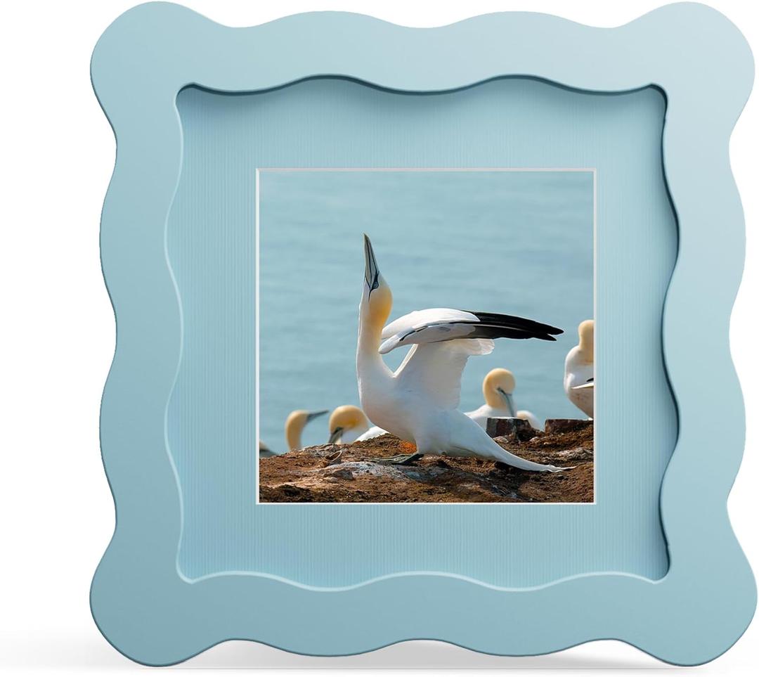 4x4 Picture Frame with Mat for 3x3, Wavy Edge Wooden Real Glass Photo Frame for Tabletop and Wall Hanging, Blue, 1 Pack