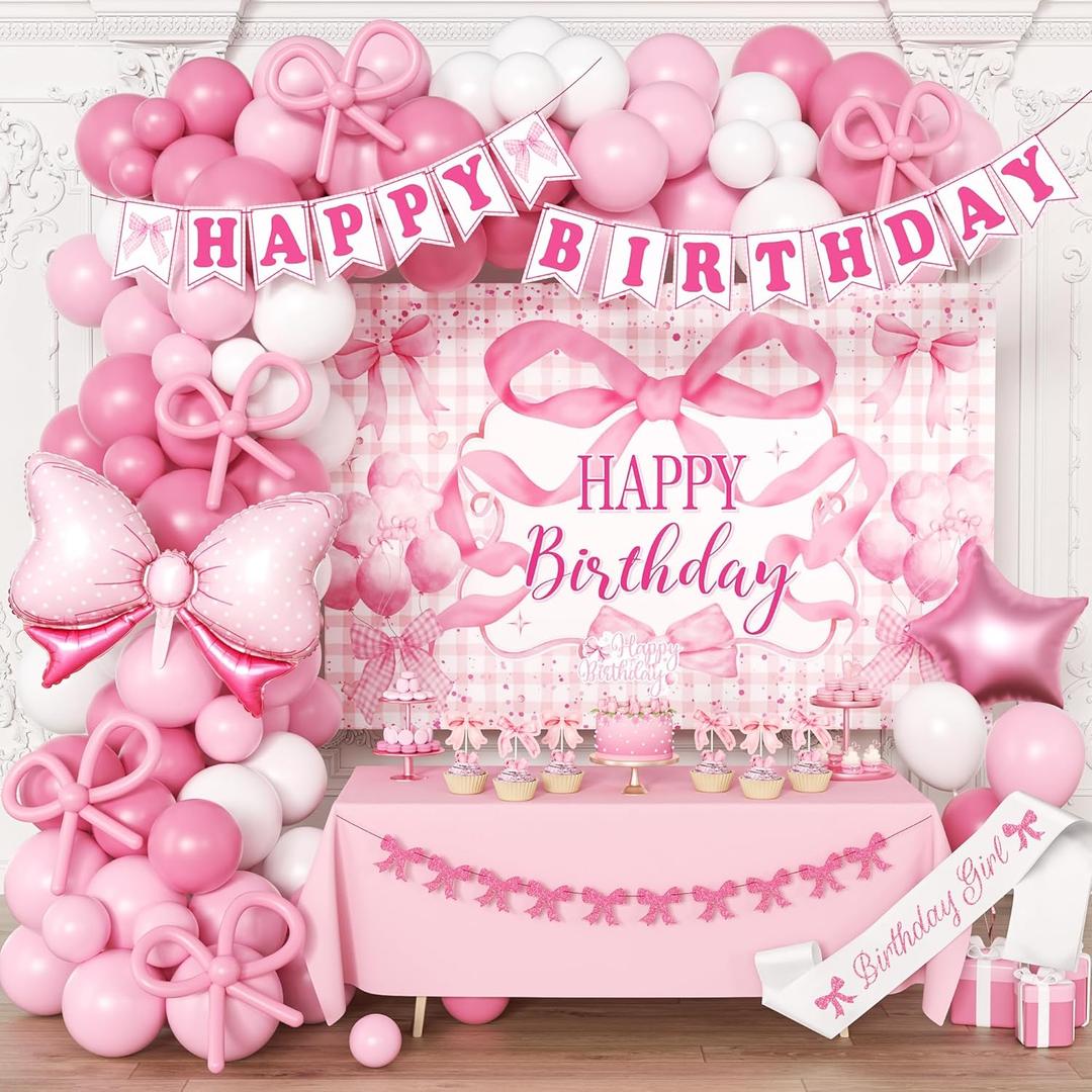 Pink Birthday Party Decorations for women, Backdrop, Pink Bow Balloons Arch, Glitter Banner, Coquette Themed Party Supplies for Girls