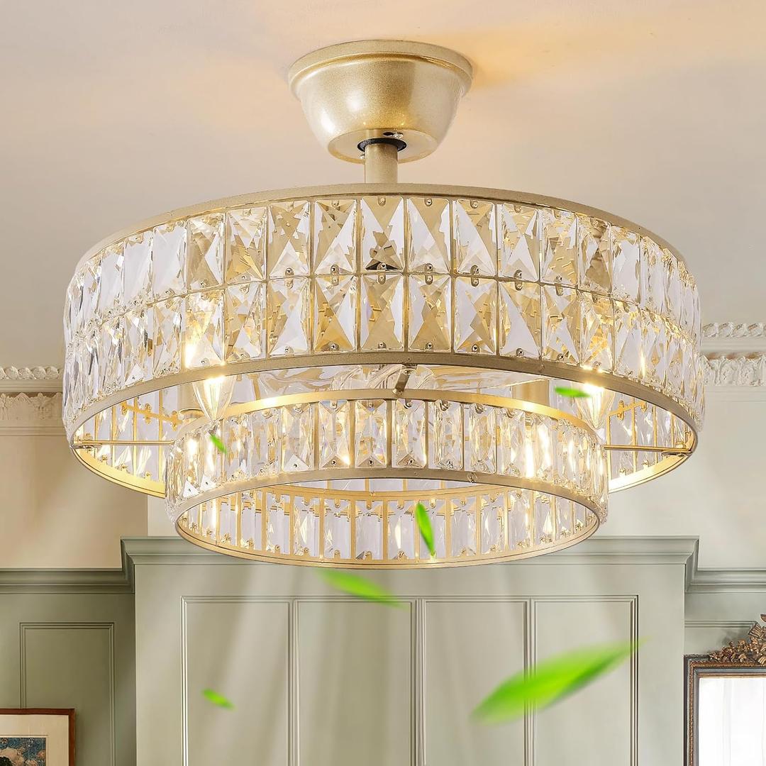 Gold Fandelier Ceiling Fan with Light,20" Crystal Chandelier Ceiling Fans with Lights and Remote Control,Modern Caged Flush Mount Fandelier with 6 Speeds for Living Room Bedroom Nursery