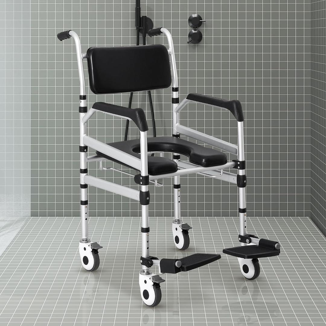 3-in-1 Rolling Shower Chair with Wheels, Commode & Wheelchair Function