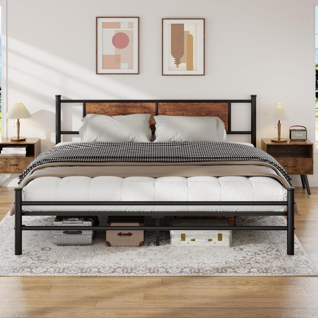 California King Bed Frame with Wooden Headboard, Heavy Duty Platform Bed Under Bed Storage, Black Metal Support System, No Box Spring Needed, Mahogany