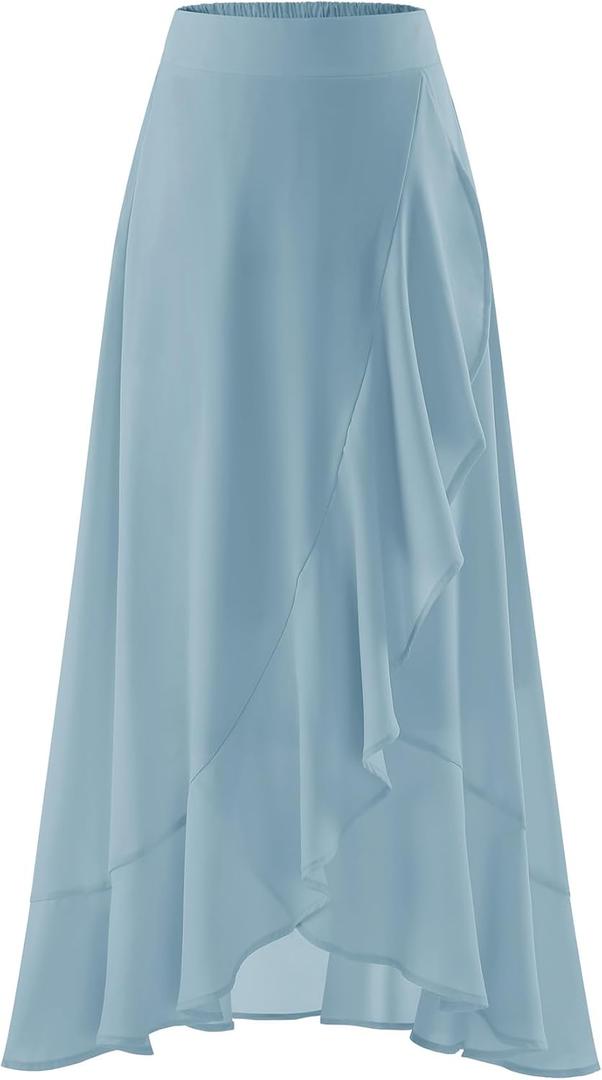 Women Flowy Long Skirt Ruffle Summer Beach Skirts Elastic Waist A-line Chiffon Casual Midi Skirt with Lining (Blue, L)