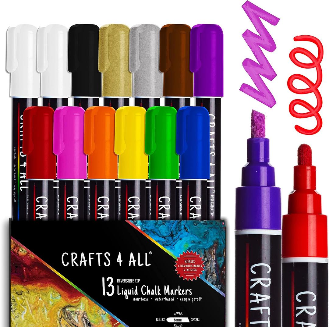 Crafts 4 All Liquid Chalk Markers for Blackboard Signs, Bistro Menu, Car Window Glass - Dry Erase, Washable - 13 Colored Chalk Pens w/Reversible Tips & Tweezers - Bonus White Chalkboard Marker