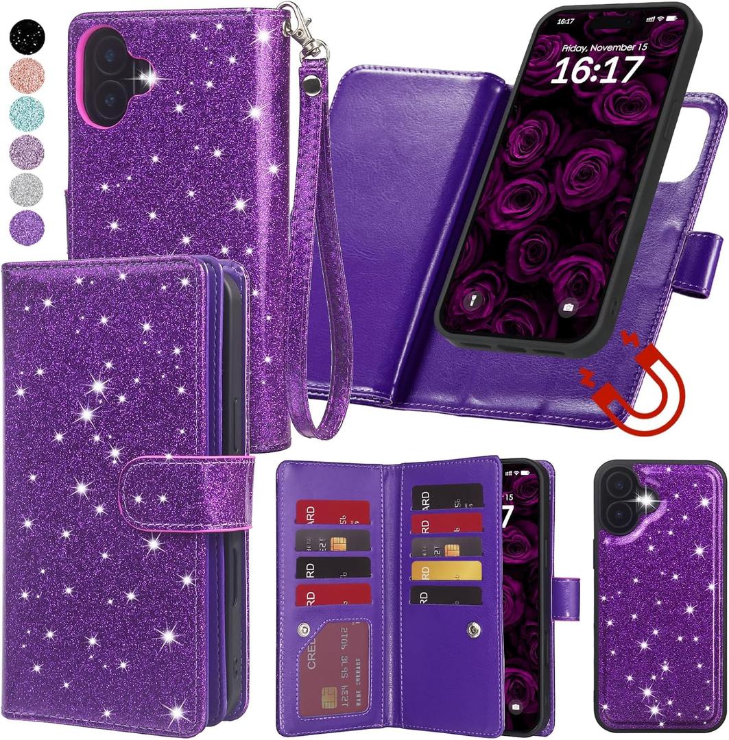 Varikke for iPhone 16 Wallet Case Detachable with RFID Blocking Card Holder for Women, Glitter PU Leather Wrist Strap Strong Magnetic Flip Wallet Removable Phone Case for iPhone 16 6.1", Dark Purple