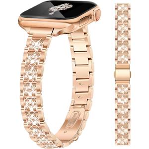 Slim Rose Gold Bling Watch Band Women Compatible with Apple Watch 38mm 40mm 41mm 42mm (S10) Jewelry Replacement Sparkly Diamond Metal Thin Strap for iWatch Series 10/9/8/7/6/5/4/3/2/1/SE