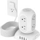 TESSAN Surge Protector Power Strip Tower, Flat Plug Extension Cord 10 Ft with 8 AC Multiple Outlets 4 USB Ports (1 USB C), 1050J Protection Desk Charging Station for Home, Office Supplies, Dorm Room (Square Bottom, Grey)