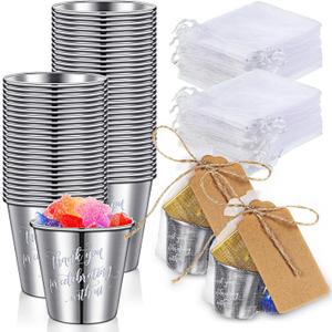 TaoBary Set of 48 1.5 oz Wedding Stainless Shot Glasses for Guests Wedding Favors Set Metal Shot Glasses Bulk with Kraft Tags, String and White Organza Bag for Birthday Party Souvenir Gift