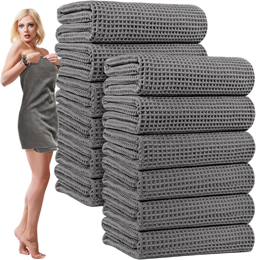 12 Pack Microfiber Bath Towels Bulk 27'' x 60'' Oversized Size Bath Towel Highly Absorbent Extra Large Soft Drying for Shower Beach Winter Salon Sport Gym Party (Waffle,Grey)