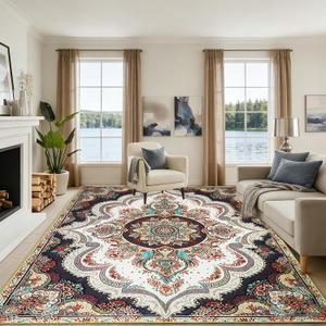 8x10FT Washable Area Rug for Living Room, Vintage Boho Floral Medallion Rug, Non-Slip Low Pile Indoor Carpet for Bedroom, Dining Room, Home OfficeBeige White