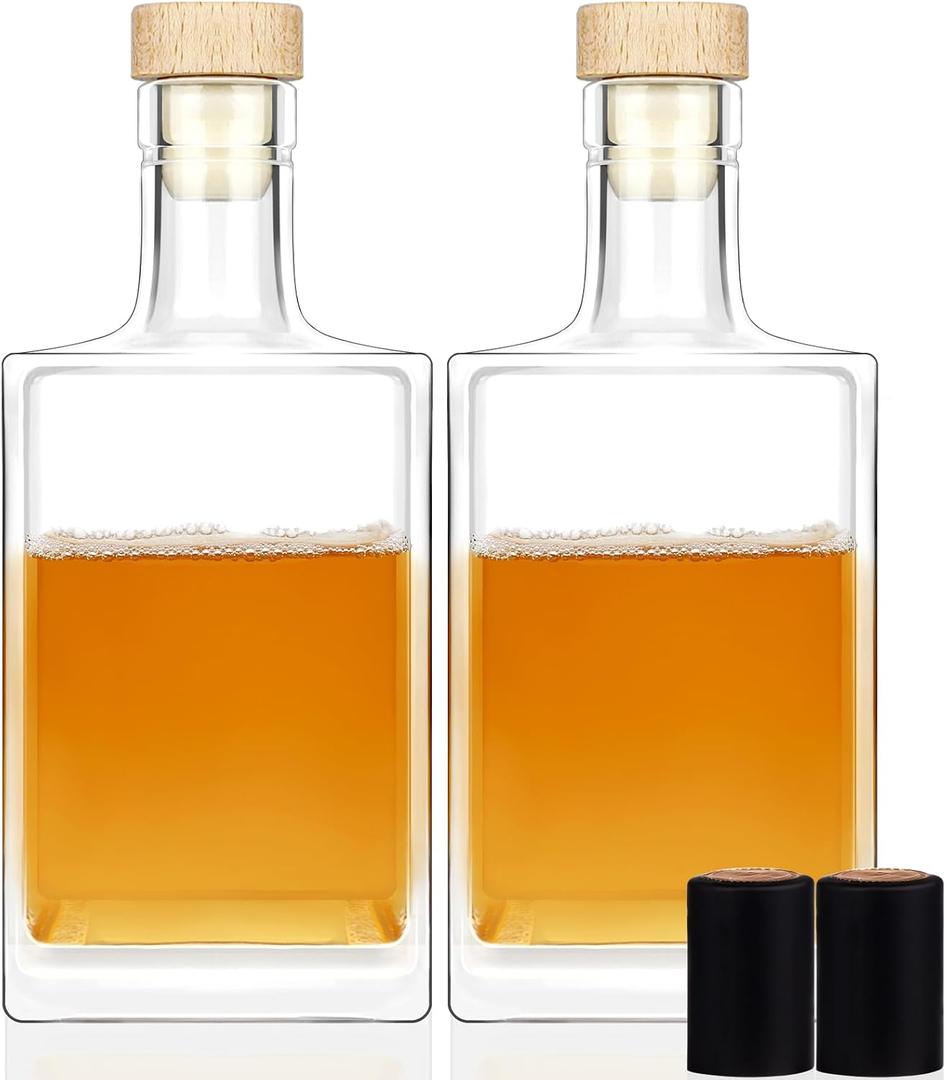 Liengoron 2 Pack 25 Oz Glass Bottles with Lid 750 ml Clear Empty Bottles with Cork Square Glass Bottle with Cap for Liquor Vodka Brandy Whiskey Beer Water Soda
