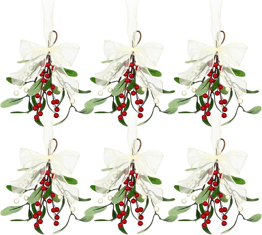 6 Pieces Mistletoe Christmas Decor Artificial Mistletoe Pick Christmas Decoration with Berries and White Ribbon Bow Faux Hanging Kissing Ball for Xmas Tree Ornament Party Decor (Red White)