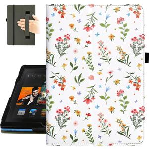 Fancity Case for All-New Amazon Kindle Fire HD 10 Tablet (13th/11th Generation 2023/2021 Release) and Fire HD 10 Plus - Slim Folding Stand Folio Cover with Auto Wake/Sleep & Hand Strap, White Floral