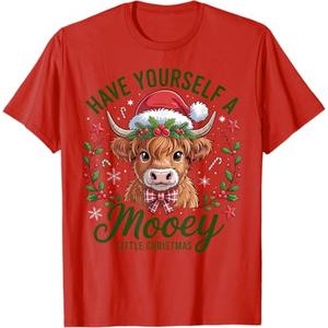 Have Yourself A Mooey Little Christmas Highland Cow Santa T-Shirt Red, Size M