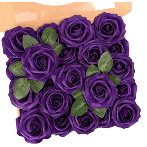 N&T NIETING Artificial Flowers Glowing Purple Flowers Foam 25pcs Glitter Roses Real Looking Fake Roses with Stem for DIY Wedding Bouquets Centerpieces Bridal Shower Party Home Decorations